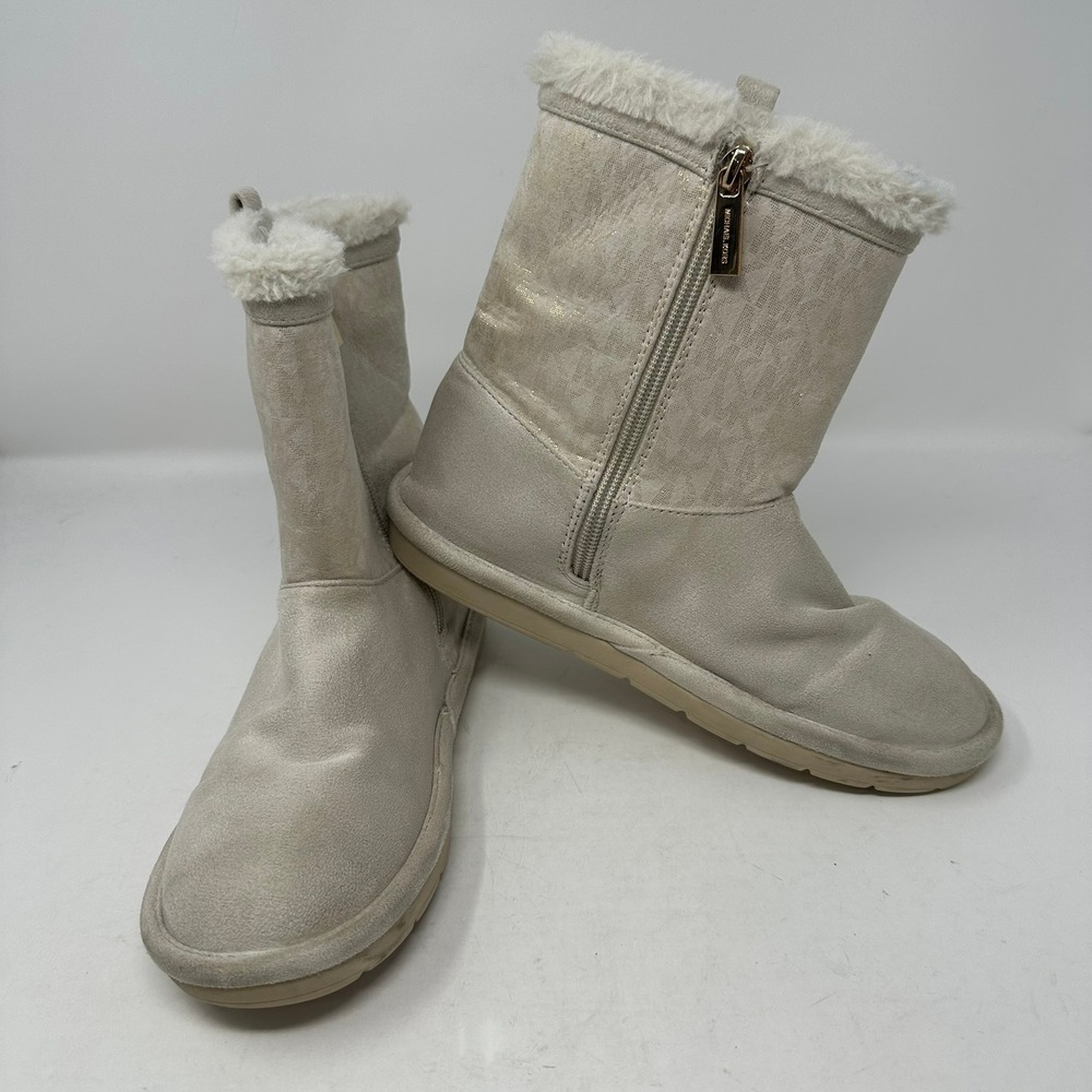 Michael Kors Boots Girls 4 Beige Yancy Faux Fur Trim Metallic Monogram MKS10334C